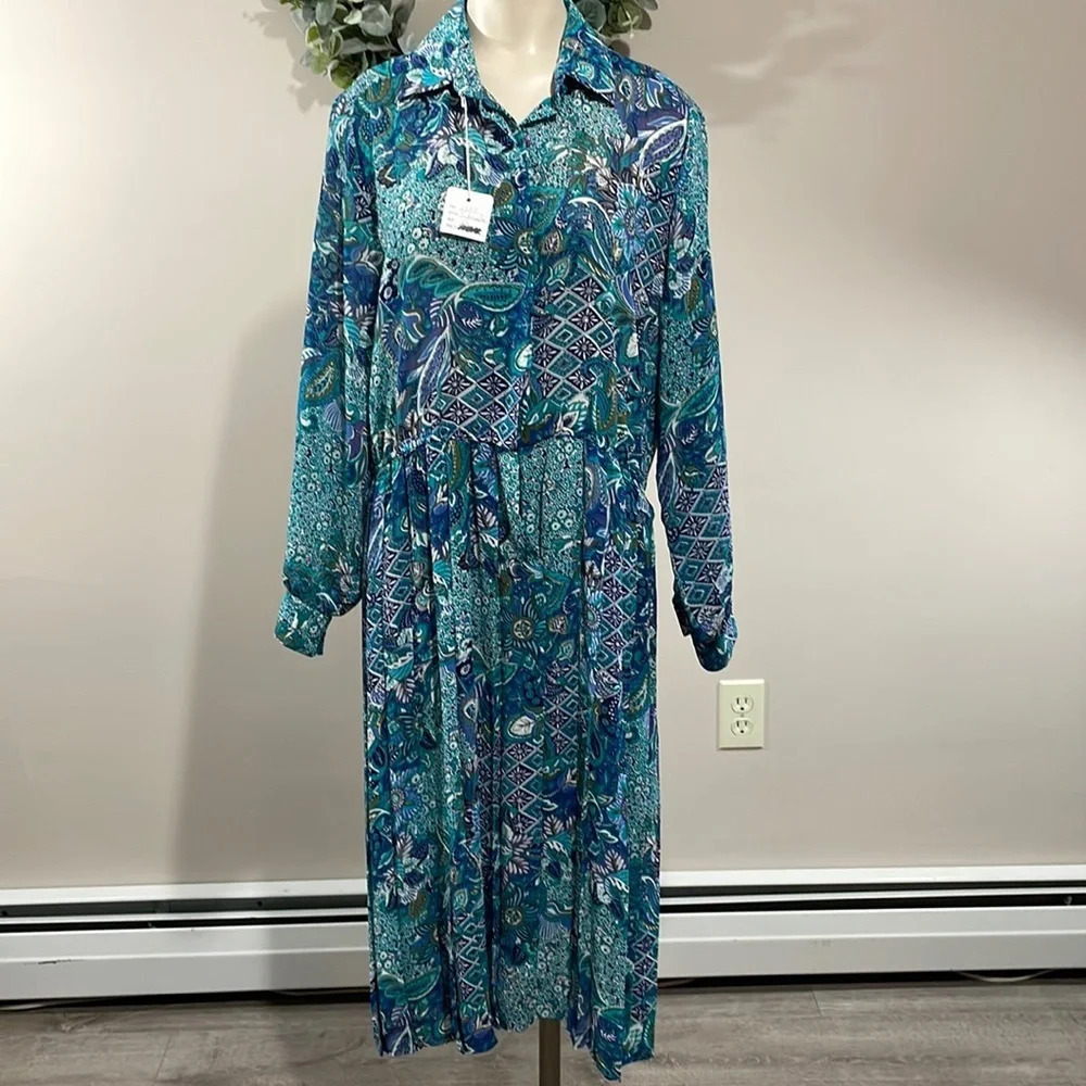 NWT Vintage Schrader Petite Paisley Pleated Long Sleeve Midi Dress 12P